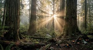A majestic old-growth forest at sunrise. Shafts of light filtering through towering trees. The visible trunks above ground hint at the unseen web of roots and mycorrhizal networks below.