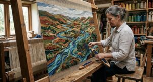 image of a tapestry being woven of a landscape with rivers weaving in and out of each other in rich earth tones and the waters in rich blue and greens