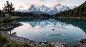 A still mountain lake with a single stone creating expanding ripples representing personal growth
