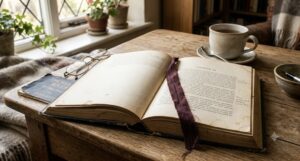 An open, well-loved book resting on a table in warm natural light paralleling the journey of personal growth.
