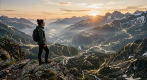 A person stands on a rocky overlook at sunrise, quietly taking in a sweeping valley of forests, rivers, mountains, and distant villages. Delicate golden threads of light subtly connect every part of the landscape, symbolizing the hidden relationships between people, nature, and life. The warm morning light and expansive view evoke reflection, wonder, and the discovery of life’s interconnectedness.