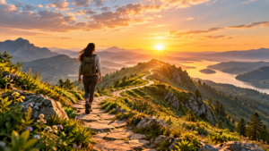 A hiker walks along a winding mountain path at sunrise, overlooking a glowing lake and layered hills, symbolizing forward movement, hope, and purposeful action.
